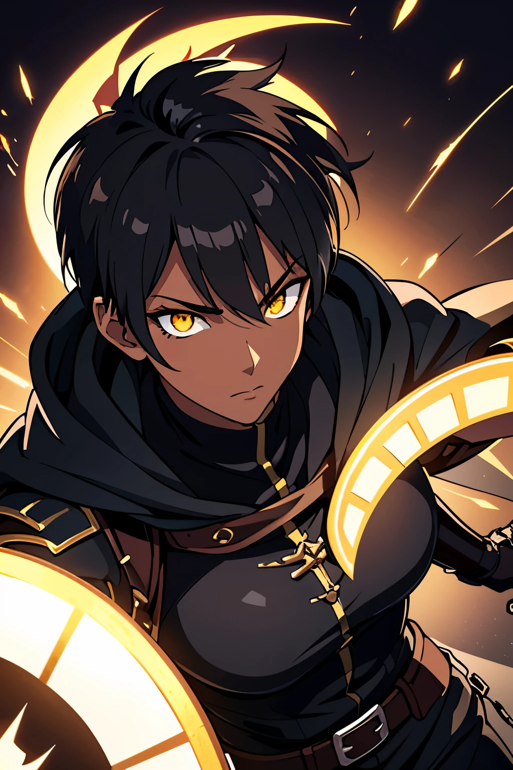 (high-quality, breathtaking),(expressive eyes, perfect face) 1boy, male, solo, young adult, black hair, yellow eyes, (short spiky hairstyles) short hair length, (dark skin), soft serious expression, Archer profession, thief attire, cargo pants, lots of belts, Black leather armor, cloak and dagger, environment background, fantasy clothing, fantasy attire, DnD rogue Class, half body, black and brown clothing palette, ((tan skin color)), rogue, leather arm guards, fantasy, (big Stigmata), character focus, ((black light)),((dark lighting)), cinematic lighting ,(darkness), (concept art), (glowing eyes), high resolution, extremely detailed CG unity 8k wallpaper, ((masterpiece)), ((top-quality)), (beautiful illustration), ((an extremely delicate and beautiful)), (masterpiece, Best quality, ultra high resolution), glowing yellow eyes, Luminous_eyes, ultra detailed eyes, Beautiful and detailed face, detailed eyes, (Centered, torso), (wide shot:0.9), facing the viewer, Eye level,