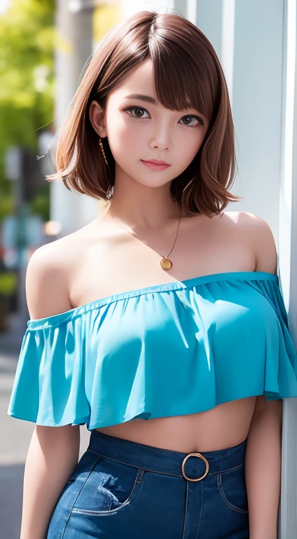 masterpiece, 1 beautiful girl, Fine grain, Puffy eyes, Mid-chest,highest quality, Ultra High resolution, (Realistic: 1.4), Cinema Lighting, Japanese, Asian Beauty, Korean, so beautiful, Beautiful Skin, thin, Body Look forward, (Ultra Realistic), (High resolution), (8k), (Very detailed ), ( Best illustrations), (Beautifully Fine grain), (Very detailed), (wallpaper), Detailed face, The lighting is bright, Professional Lighting, View your viewers, Look forward, short hair, Dress neatly, The background is a bit blurred, street tree, Hair color is partly bright blue, (Without strap,Off-the-shoulder camisole,Navel comes out, Tight mini skirt with slits),Shot to the knee,