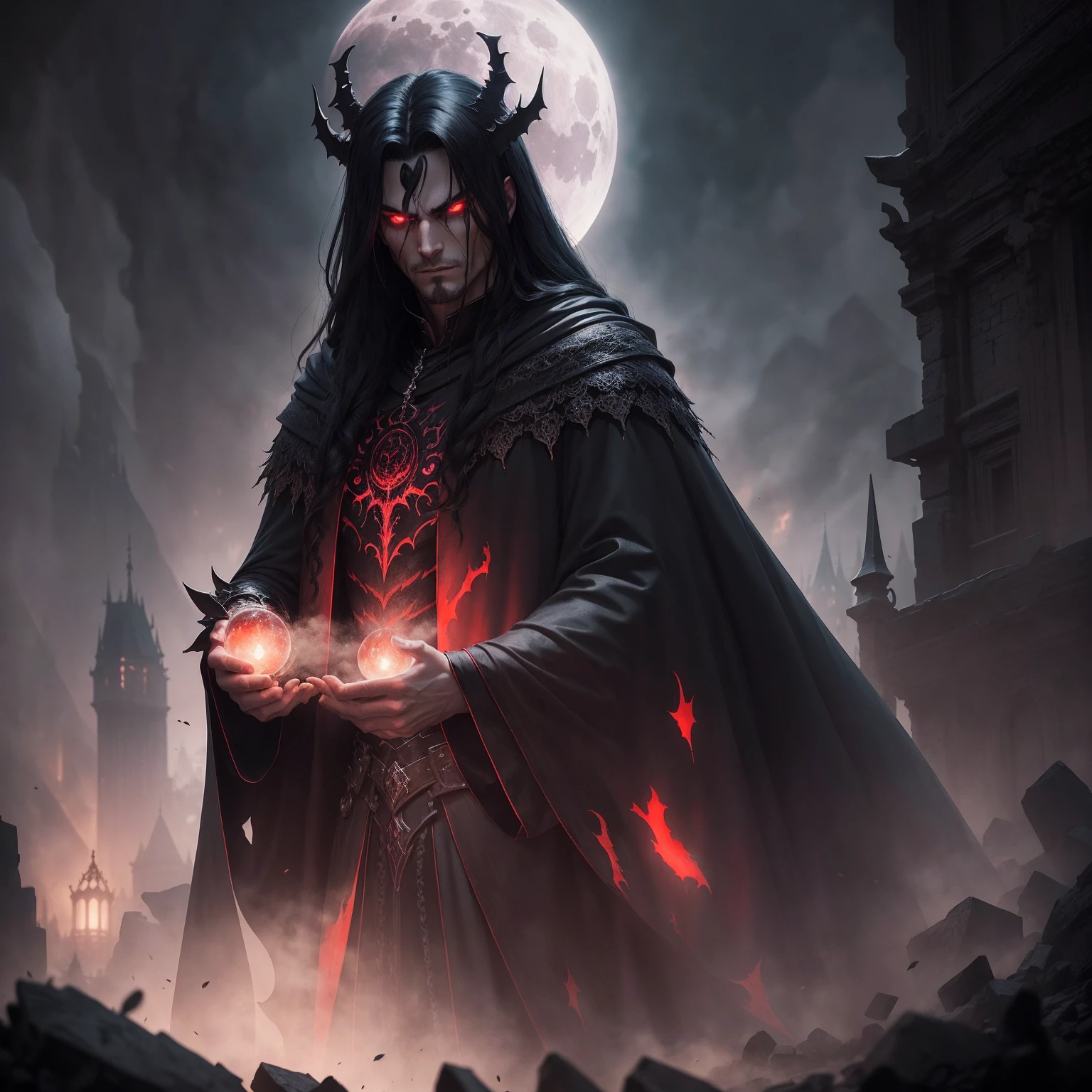 Vampire male , long flowing white hair, black and red cloak, piercing red eyes, menacing expression, powerful aura, standing in a dimly lit chamber,, casting eerie shadows, , adorned with intricate details, with a sinister grin, exuding an aura of darkness, with an intimidating presence, in a gothic castle, with imposing architecture, shrouded in mist, under a blood-red moon, with a storm brewing in the background, creating a foreboding atmosphere, reminiscent of a dark fantasy novel cover, Dracula,with a dramatic lighting, emphasizing the contrast between light and shadow, evoking a sense of mystery and danger, with a touch of supernatural elements and captivating artistry."