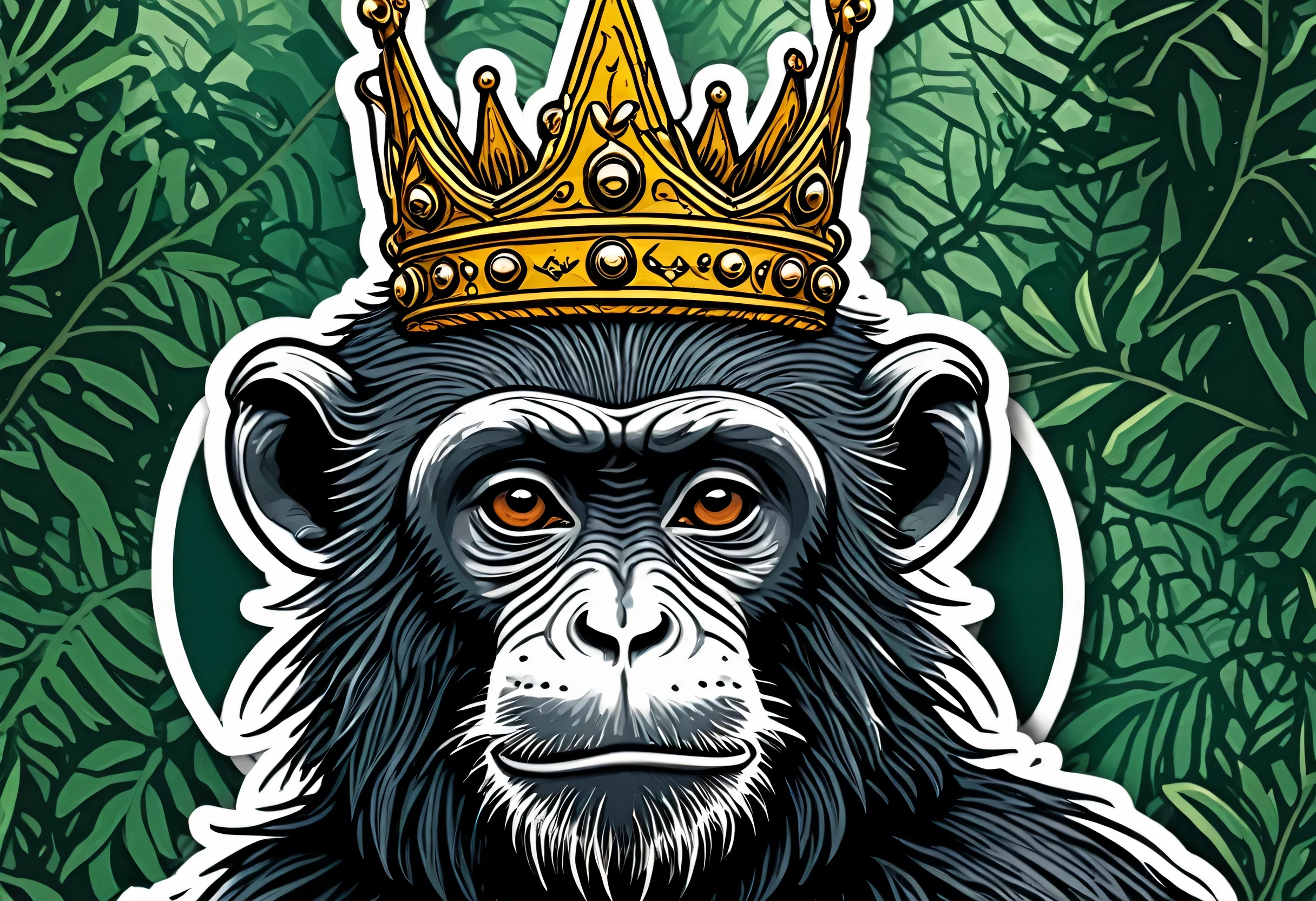 The background is a fantastical forest.　Close-up of a monkey with a crown on its head, inspired by Alex Petruk as APe, Sticker design, by Alex Petruk as APe, sticker art, Vulgar art style, Rat King, King of Hell, sticker - art, Lion in a crown, Rat with a crown, In primitive ape style, Sticker illustration, Artelobrow style