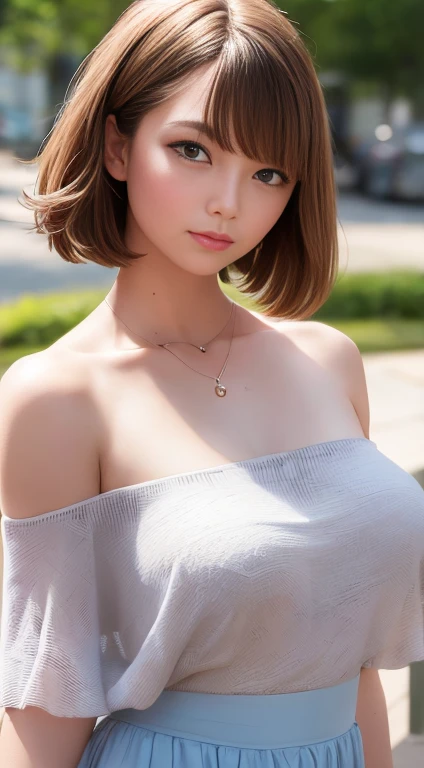 masterpiece, 1 beautiful girl, Fine grain, Puffy eyes, Mid-chest,highest quality, Ultra High resolution, (Realistic: 1.4), Cinema Lighting, Japanese, Asian Beauty, Korean, so beautiful, Beautiful Skin, thin, Body Look forward, (Ultra Realistic), (High resolution), (8k), (Very detailed ), ( Best illustrations), (Beautifully Fine grain), (Very detailed), (wallpaper), Detailed face, The lighting is bright, Professional Lighting, View your viewers, Look forward, short hair, Dress neatly, The background is a bit blurred, street tree, Hair color is partly bright blue, (Without strap,Off-the-shoulder camisole,Navel comes out, Tight mini skirt with slits),Shot to the knee,