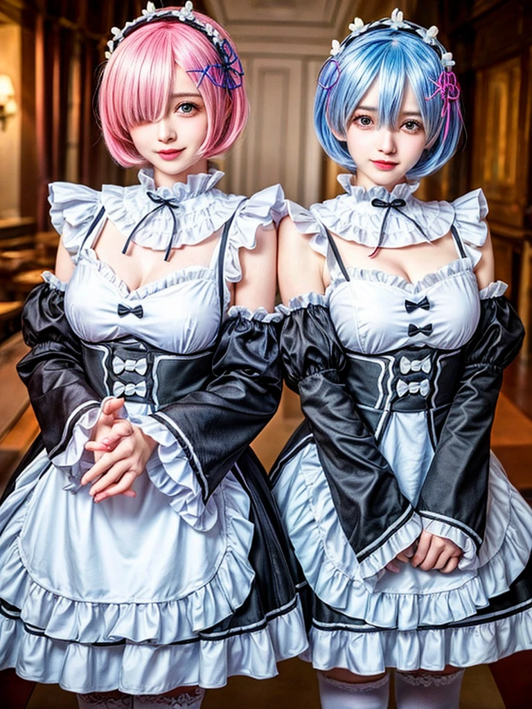 (8K, Photorealistic, Raw photo, of the highest quality: 1.3), (1girl in), Super beautiful, (Realistic face), (boyish, pink Color Berry Shorthair), Beautiful , Glare that captivates the viewer, Beautiful expression, Beautiful breasts, (Realistic skin), Be...Create a detailed and colorful image of Ram and Rem from Re:Zero, standing back-to-back in their maid outfits, with a magical fantasy background、14years old, two girls,cute, perfect face, beautiful, nice body, gothic lolita clothes, gothic lolita fashion, frilly skirt, headdress, necklace, bracelet, knee-high socks, boots, double eyelids, tear bags, Detailed down to the fingers, photo-like description, indoors, dim indoor lighting, one girl is pink hair and short bob, another girl is light blue hair and short bob,standing,whole body, composition that shows the whole body, smiling,The Both of them are wearing the same type of maid outfit,Optimal ratio of 4 fingers and 1 thumb,arms crossed