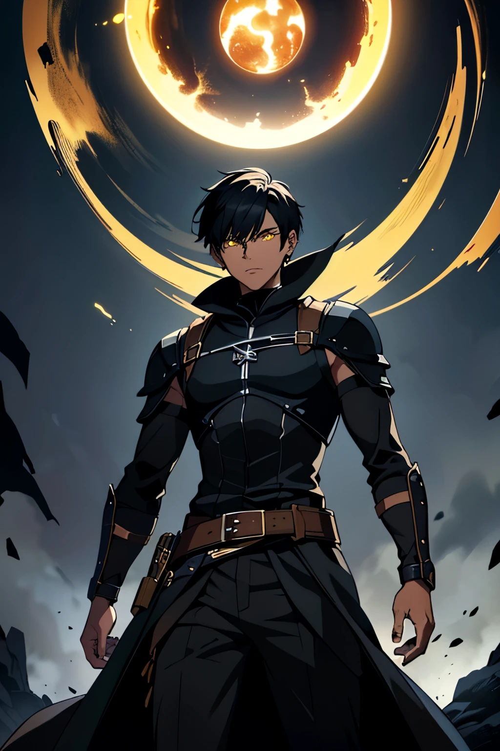 (high-quality, breathtaking),(expressive eyes, perfect face) 1boy, male, solo, young adult, black hair, yellow eyes, (short spiky hairstyles) short hair length, (dark skin), soft serious expression, Archer profession, thief attire, cargo pants, lots of belts, Black leather armor, cloak and dagger, environment background, fantasy clothing, fantasy attire, DnD rogue Class, half body, black and brown clothing palette, ((tan skin color)), rogue, leather arm guards, fantasy, (big Stigmata), character focus, ((black light)),((dark lighting)), cinematic lighting ,(darkness), (concept art), (glowing eyes), high resolution, extremely detailed CG unity 8k wallpaper, ((masterpiece)), ((top-quality)), (beautiful illustration), ((an extremely delicate and beautiful)), (masterpiece, Best quality, ultra high resolution), glowing yellow eyes, Luminous_eyes, ultra detailed eyes, Beautiful and detailed face, detailed eyes, (Centered, torso), (wide shot:0.9), facing the viewer, Eye level,