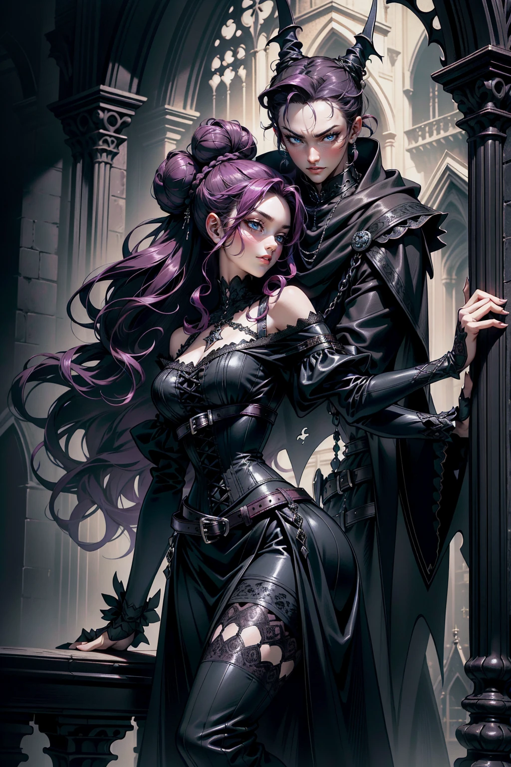 (masterpiece, top quality, best quality, official art, beautiful and aesthetic: 1.2), (1 woman: 1.3), long curly dark brown hair, ((fancy bun)), Victorian style, Victorian classic, extremely detailed, portrait, looking at the viewer, solo, (full body: 0.6), detailed background, close-up, mischievous eyes, (cold midnight castle theme: 1.1), vampire, long fangs, blood on chin, huge lips, charlatan, mischievous smile, mysterious, being seductive on the balcony, revealing gothic dress, extremely tight bodice, black costume, magenta skirts, off-the-shoulder, long sleeves, loose sleeves, black leather , cape, corset, black dress, fishnets, black high boots, buckles, straps, bags, glowing blood magic energy, dark magenta fabric, silver trim, black leather, extremely slim, slim waist, slim hips, medieval background (gothic castle exterior: 1.1), nocturnal, dark and mysterious lighting, shadows, magical atmosphere, Dancing lightly, with chin resting on shoulder, abigail larson art style