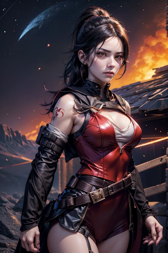 stunning girlfriend, heart shaped face, elegant face, beautiful face, highly detailed face, highly detailed skin, skin pores, subsurface scattering, realistic pupils, full lips, detailed background, depth of field, atmospheric perspective, volumetric lighting, sharp focus, absurdres, realistic proportions, good anatomy, (realistic, hyperrealistic:1.4), 16k hdr, cinderfall2023, best quality, masterpiece, 1girl, anime style, ponytail, red tactical suit, action pose, black left arm, utility belt, bulletproof vest, hair over eye, arcane ninja, flame, night, stars, moonlight, standing, cave entrance, underground river, rocks,