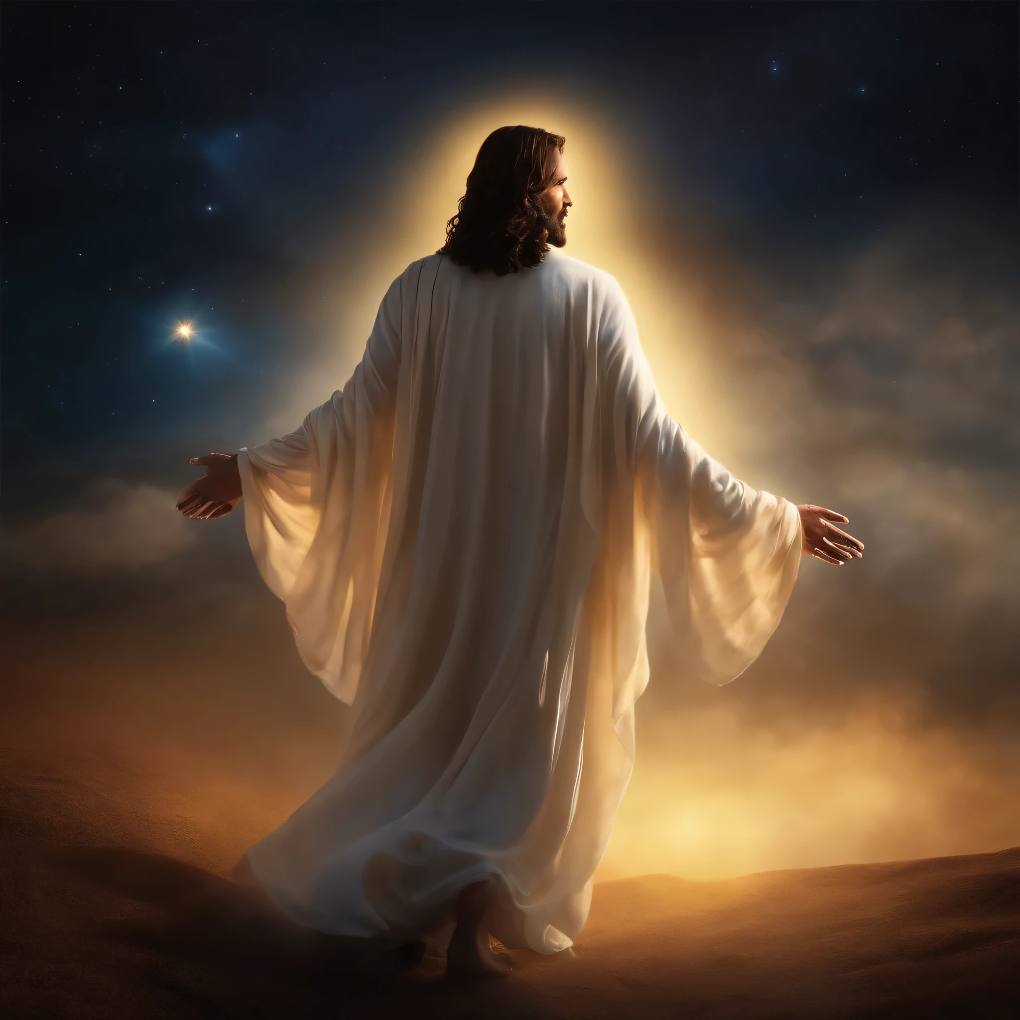 JESUS holding someone's hand. Make a high god with lots of light around, e estrelas.