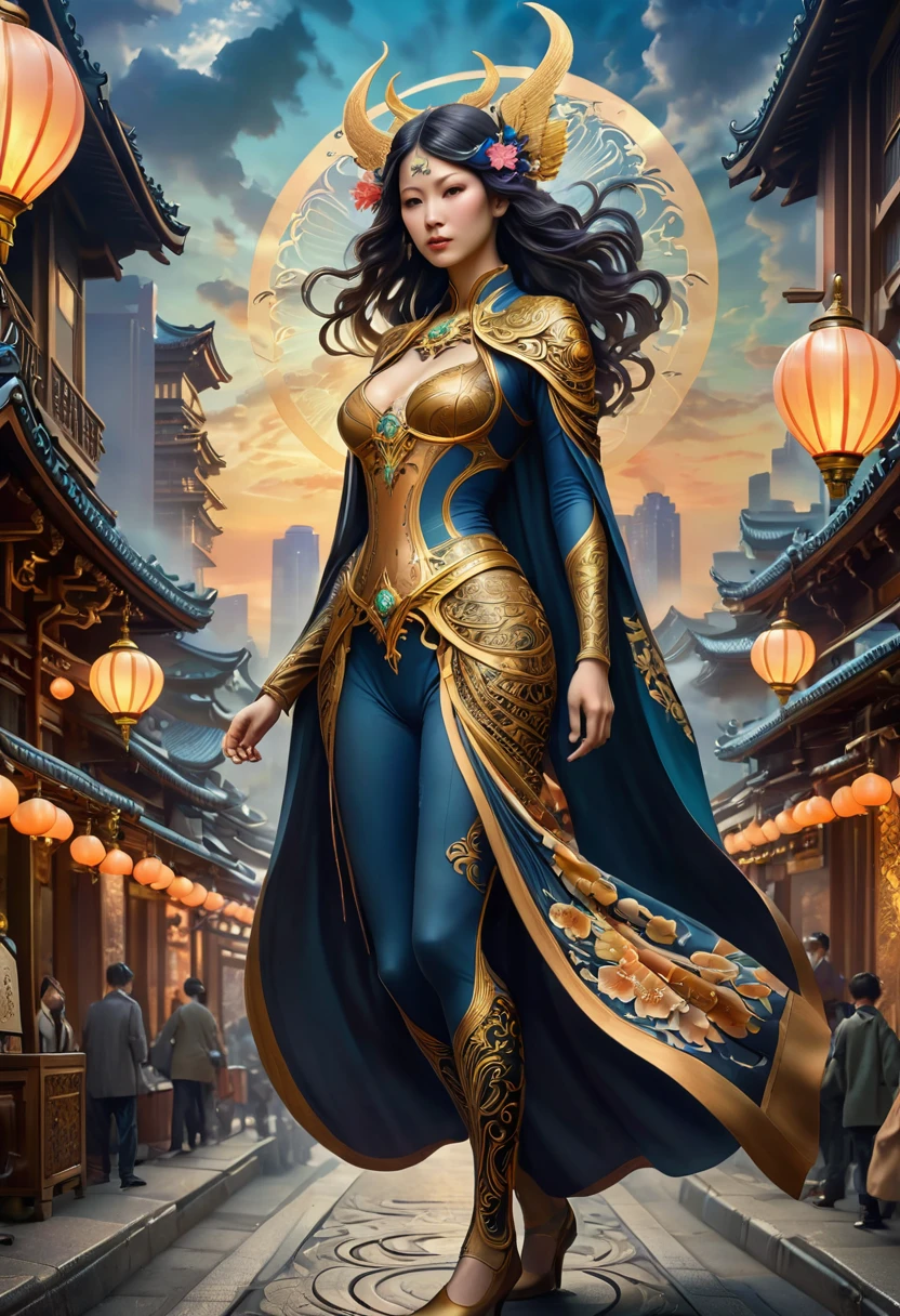 best quality,4k,8k,highres,masterpiece:1.2,ultra-detailed,realistic:1.37,HDR,UHD,studio lighting,ultra-fine painting,sharp focus,physically-based rendering,extreme detail description,professional,art nouveau,tarot card style,dynamic angle, high octane action,dynamic pose, joy expression, (A persona user, accompanied by their guardian spirit, stands in a vibrant and bustling city. The persona user, dressed in stylish and unique attire, exudes confidence and determination. The persona user stands tall, projecting an aura of strength and power.), (Beside the persona user, their guardian spirit manifests in the form of a Yokai, a supernatural creature known for its mystical abilities. With intricate details and vibrant colors, the Yokai emanates an otherworldly presence. It serves as a visual representation of the persona user's inner self, both a protector and a source of power.), (Surrounding the persona user and the Yokai, the cityscape comes alive with bustling streets, vibrant signs, and towering skyscrapers. The city is bathed in the hues of sunset, casting a warm and mysterious glow over the scene. The lights from the city create an enchanting ambiance, highlighting the contrast between the modern metropolis and the fantastical elements of the persona user and the Yokai.), (In terms of art style, the image is brought to life with bold lines, dynamic poses, and a unique blend of realism and fantasy. The art style seamlessly integrates the supernatural elements with the urban setting, creating a visually striking composition.), (The lighting in the image is carefully crafted to enhance the atmosphere and mood. Soft, diffused light illuminates the persona user's face, accentuating their features and adding a touch of mystery. The cityscape is bathed in golden hues, creating a warm and inviting ambiance that contrasts with the supernatural elements of the scene.)