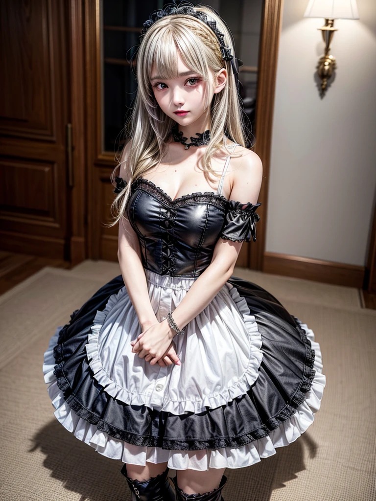 (8K, Photorealistic, Raw photo, of the highest quality: 1.3), (1girl in), Super beautiful, (Realistic face), (boyish, Silver Color Berry Shorthair), Beautiful , Glare that captivates the viewer, Beautiful expression, Beautiful breasts, (Realistic skin), Be...Super high quality, super high definition, super detailed, masterpiece, 20years old, female, cute, perfect face, beautiful, nice body, gothic lolita clothes, gothic lolita fashion, frilly skirt, headdress, necklace, bracelet, knee-high socks, boots, double eyelids, tear bags, Detailed down to the fingers, photo-like description, indoors, dim indoor lighting, blonde hair, short bob, standing, whole body, composition that shows the whole body, smiling,arms crossed