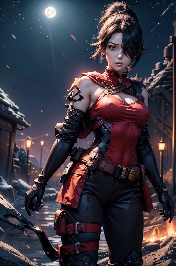 stunning girlfriend, heart shaped face, elegant face, beautiful face, highly detailed face, highly detailed skin, skin pores, subsurface scattering, realistic pupils, full lips, detailed background, depth of field, atmospheric perspective, volumetric lighting, sharp focus, absurdres, realistic proportions, good anatomy, (realistic, hyperrealistic:1.4), 16k hdr, cinderfall2023, best quality, masterpiece, 1girl, anime style, ponytail, red tactical suit, action pose, black left arm, utility belt, bulletproof vest, hair over eye, arcane ninja, flame, night, stars, moonlight,  standing, cave entrance, underground river, rocks, 