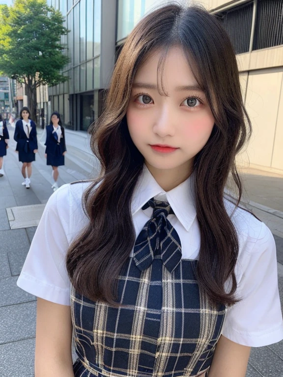 ((top-quality、8K、​masterpiece：1.3))、sharp focus：1.2、Beautiful  in perfect style：1.4、A slender、((A dark-haired、 out：1.2))、gravure model、(natural soft light、street snap、TOKYOcty、Harajuku:1.1)、Highly detailed facial and skin texture、A detailed eye、double eyelid、Sweaty、A sexy、((Uniform 1.5))、jk suit plaid skirt pleated skirt shirt bowtie