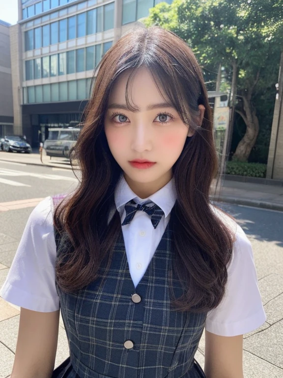 ((top-quality、8K、masterpiece:1.3))、sharp focus:1.2、Beautiful in perfect style:1.4、A slender、((A dark-haired、 out:1.2))、gravure model、(natural soft light、street snap、TOKYOcty、Harajuku:1.1)、Highly detailed facial and skin texture、A detailed eye、double eyelid、Sweaty、A sexy、((Uniform 1.5))、jk suit plaid skirt pleated skirt shirt bowtie