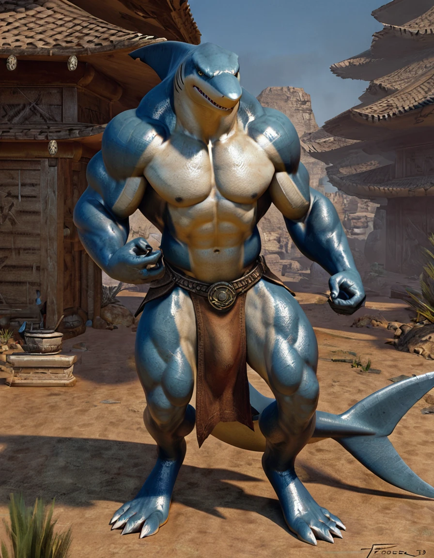 Videogame screenshot, (solo), angry muscular male anthro shark, skimpy clothing, looking at viewer, detailed background, loincloth, masculine pose, by taran fiddler, 3d render,