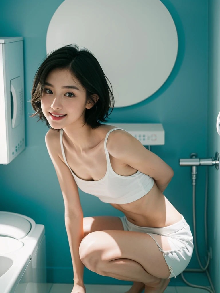 (Small Underbust,Tomboy,Small head)), (Defined Abs: 1.1), (Perfect body: 1.1), (Short Straight Hair: 1.2), Black Hair,Attractive clavicle，（Highly detailed CG 8k wallpaper），（Very sophisticated and beautiful），（masterpiece），（highest quality：1.0），（超High resolution：1.0），Upper body photo，[High resolution]，Cheerfulness，smile，Smooth and perfect white skin，Super detailed ，Long legs，Erect nipples,Round ass,white top tank，White shorts，at home，In the bathroom，Turquoise background，Large drum washing machine，squat，Side body，close，Midday Sun