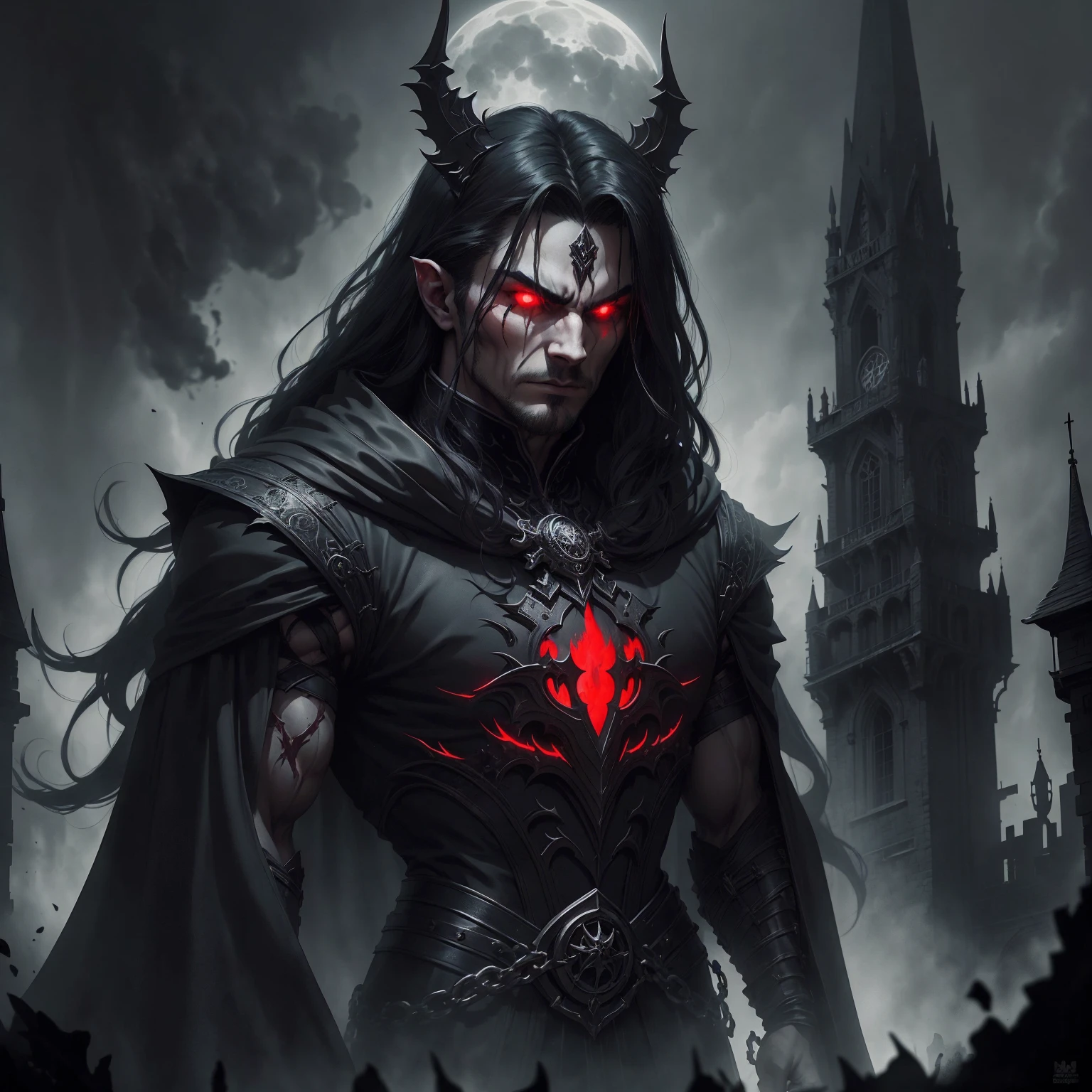 a dark muscular male evil lord, long flowing black hair, black and red cloak, piercing red eyes, menacing expression, powerful aura, standing in a dimly lit chamber,, casting eerie shadows, , adorned with intricate details, with a sinister grin, exuding an aura of darkness, with an intimidating presence, in a gothic castle, with imposing architecture, shrouded in mist, under a blood-red moon, with a storm brewing in the background, creating a foreboding atmosphere, reminiscent of a dark fantasy novel cover, with a dramatic lighting, emphasizing the contrast between light and shadow, evoking a sense of mystery and danger, with a touch of supernatural elements and captivating artistry." backwards, looking back