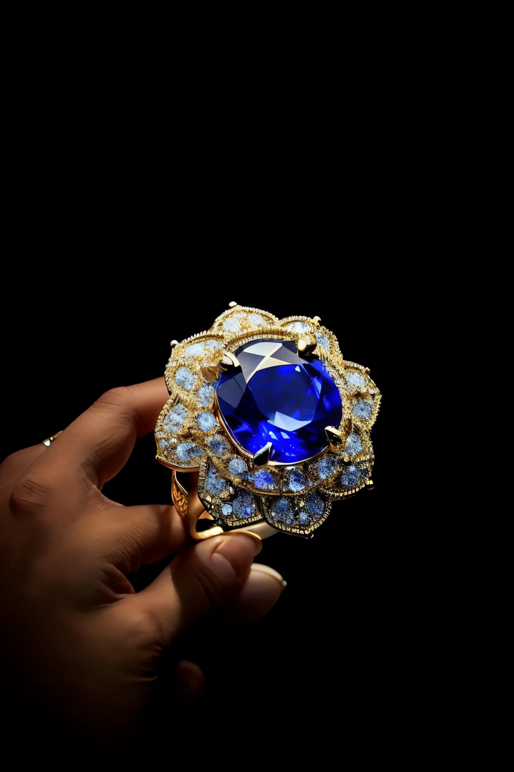 A stunning custom sapphire hip hop ring, adorned with diamonds meticulously arranged on its peak, crafted by Heal Jewels. The sapphire, a vibrant blue gemstone, gleams in the light, while the diamonds add a dazzling sparkle, exuding an aura of luxury and opulence. This exquisite piece of jewelry, a true masterpiece, perfectly encapsulates the essence of hip hop culture with its intricate design and iced-out finish. The ring, in high-quality detail, is best captured through a sharp, focused image, with volumetric lighting accentuating its genuine beauty. The sapphire ring, featured prominently