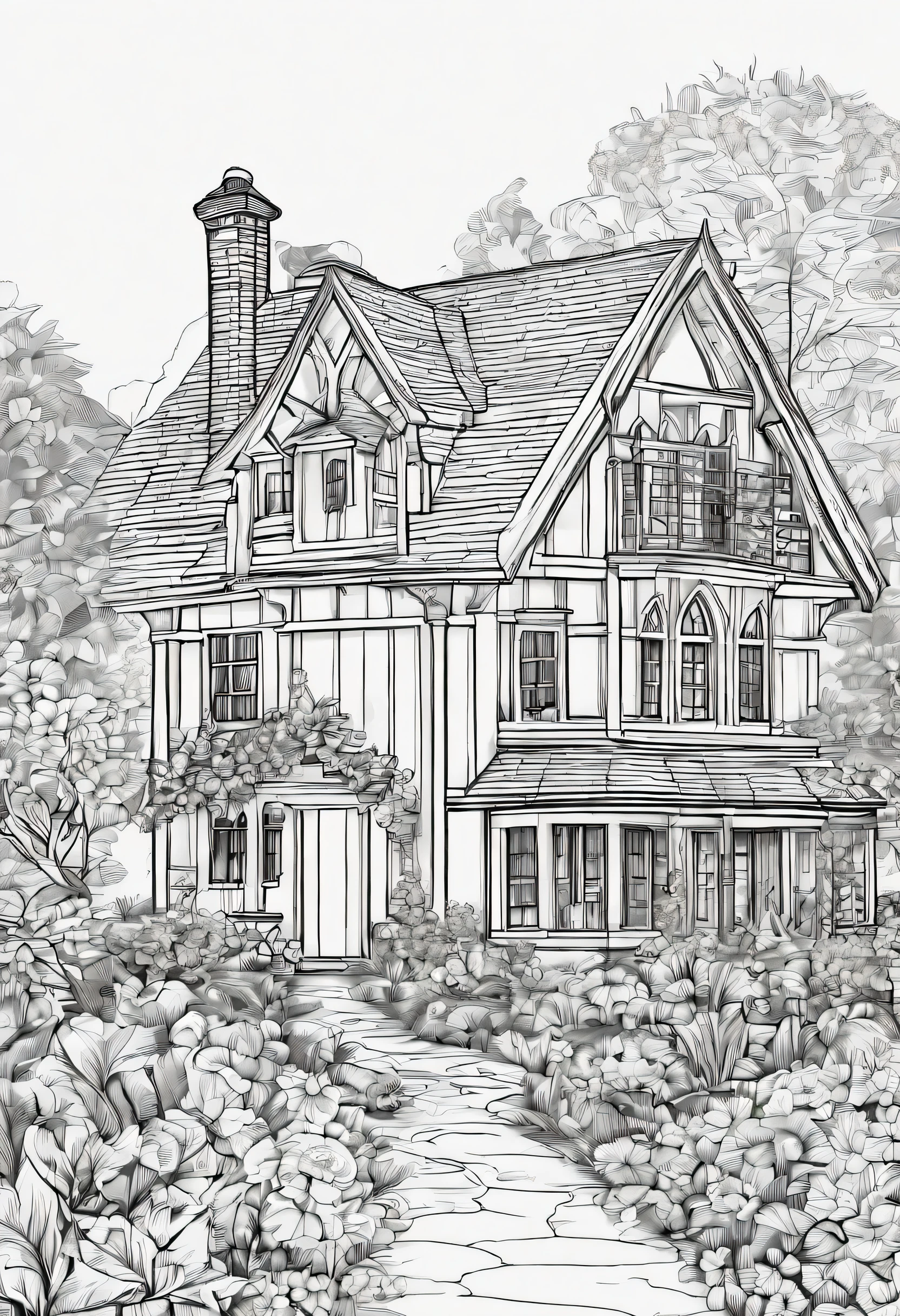 Elizabethan cottage scene . HOUSE FLOWER TREE LANDSCAPE COTTAGE HIGH DETAILS No colour. NO SHADOW GRAY BLACK