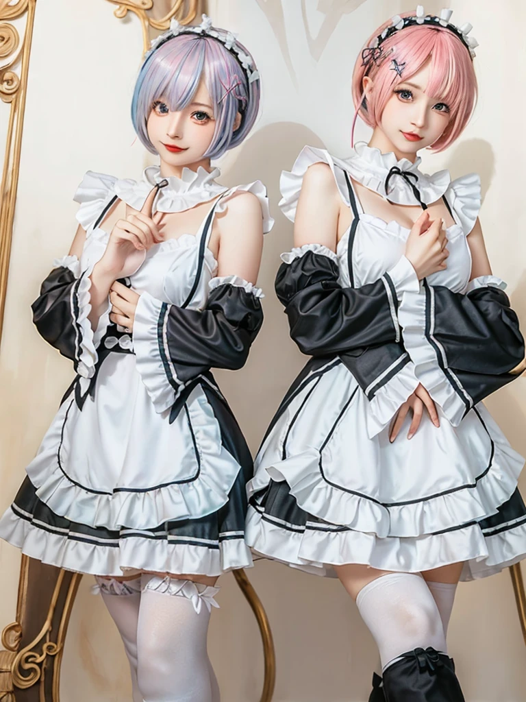 (8K, Photorealistic, Raw photo, of the highest quality: 1.3), (1girl in), Super beautiful, (Realistic face), (boyish, pink Color Berry Shorthair), Beautiful , Glare that captivates the viewer, Beautiful expression, Beautiful breasts, (Realistic skin), Be...Create a detailed and colorful image of Ram and Rem from Re:Zero, standing back-to-back in their maid outfits, with a magical fantasy background、14years old, two girls,cute, perfect face, beautiful, nice body, gothic lolita clothes, gothic lolita fashion, frilly skirt, headdress, necklace, bracelet, knee-high socks, boots, double eyelids, tear bags, Detailed down to the fingers, photo-like description, indoors, dim indoor lighting, one girl is pink hair and short bob, another girl is light blue hair and short bob,standing,whole body, composition that shows the whole body, smiling,The Both of them are wearing the same type of maid outfit,Optimal ratio of 4 fingers and 1 thumb,arms crossed