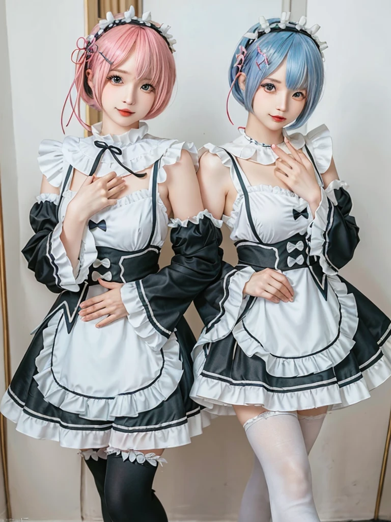 (8K, Photorealistic, Raw photo, of the highest quality: 1.3), (1girl in), Super beautiful, (Realistic face), (boyish, pink Color Berry Shorthair), Beautiful , Glare that captivates the viewer, Beautiful expression, Beautiful breasts, (Realistic skin), Be...Create a detailed and colorful image of Ram and Rem from Re:Zero, standing back-to-back in their maid outfits, with a magical fantasy background、14years old, two girls,cute, perfect face, beautiful, nice body, gothic ta clothes, gothic loliashion, frilly skirt, headdress, necklace, bracelet, knee-high socks, boots, double eyelids, tear bags, Detailed down to the fingers, photo-like description, indoors, dim indoor lighting, one girl is pink hair and short bob, another girl is light blue hair and short bob,standing,whole body, composition that shows the whole body, smiling,The Both of them are wearing the same type of maid outfit,Optimal ratio of 4 fingers and 1 thumb,arms crossed