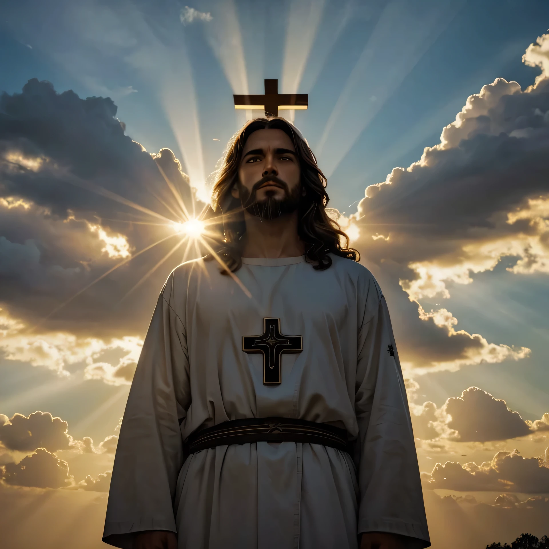 Jesus in the sky between clouds, rays of sun behind him, a cross faded behind him, day light,