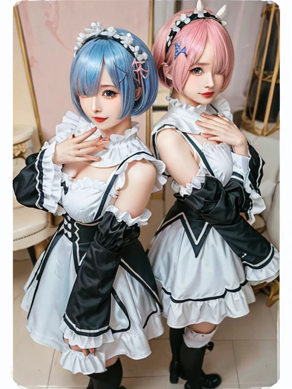 (8K, Photorealistic, Raw photo, of the highest quality: 1.3), (1girl in), Super beautiful, (Realistic face), (boyish, pink Color Berry Shorthair), Beautiful , Glare that captivates the viewer, Beautiful expression, Beautiful breasts, (Realistic skin), Be...Create a detailed and colorful image of Ram and Rem from Re:Zero, standing back-to-back in their maid outfits, with a magical fantasy background、14years old, two girls,cute, perfect face, beautiful, nice body, gothic lolita clothes, gothic lolita fashion, frilly skirt, headdress, necklace, bracelet, knee-high socks, boots, double eyelids, tear bags, Detailed down to the fingers, photo-like description, indoors, dim indoor lighting, one girl is pink hair and short bob, another girl is light blue hair and short bob,standing,whole body, composition that shows the whole body, smiling,The Both of them are wearing the same type of maid outfit,Optimal ratio of 4 fingers and 1 thumb,arms crossed