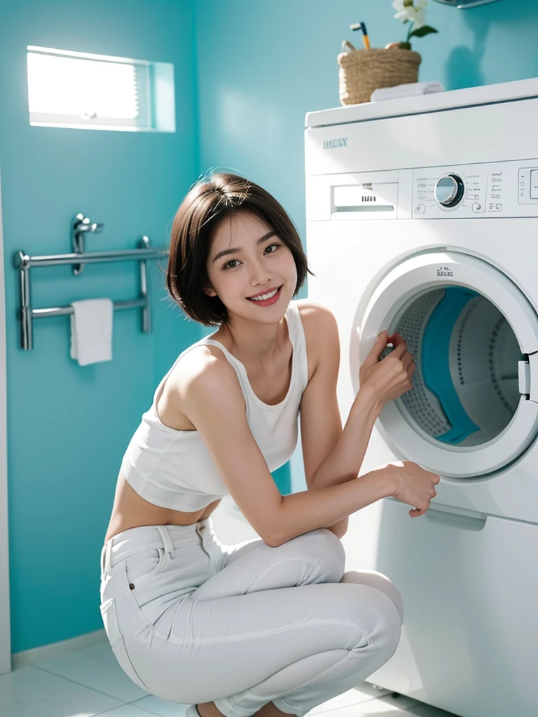 (Small Underbust,Tomboy,Small head)), (Defined Abs: 1.1), (Perfect body: 1.1), (Short Straight Hair: 1.2), Black Hair,Attractive clavicle，（Highly detailed CG 8k wallpaper），（Very sophisticated and beautiful），（masterpiece），（highest quality：1.0），（超High resolution：1.0），Upper body photo，[High resolution]，Cheerfulness，smile，Smooth and perfect white skin，Super detailed ，Long legs，Erect nipples,Round ass,white top tank，White shorts，at home，In the bathroom，Turquoise background，Large drum washing machine，squat，Side body，close，Midday Sun