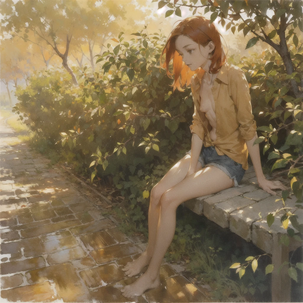 Beautiful slender thin exquisite (nude) (Girl ) (with a perfect southern type face) with short red hair (with tender beautiful breasts with tender nipples) barefoot with bare thighs ((with red pubic hairs)) ((in an unbuttoned open light orange shirt over his naked body and short light orange shorts)) (is sitting) (on a brick road) in the middle of a flowering field (with a glass of wine) ((and, trickles between legs)), in a gentle watercolor style, Discreet shades, sfumato, haze, diffused dim light, delicate mint shades, imitation of film photography, (olive and grape groves, Brick Road), (High image quality, Maximum detail), (sunset lighting, Warm evening shades, warm golden and olive sunset light)