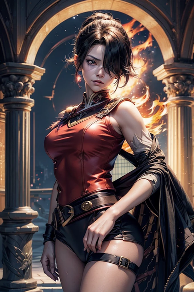{best quality,4K,8k,highres,masterpiece:1.2),ultra-detailed,(realistic,photorealistic,photo-realistic、looking at the camera}、{Very large breasts、Covered nipples、extremely detailed eyes and face}、Flaming background、(Has a fire element、There are sparks、bowを構えている、bow)、vibrant colors、Thigh