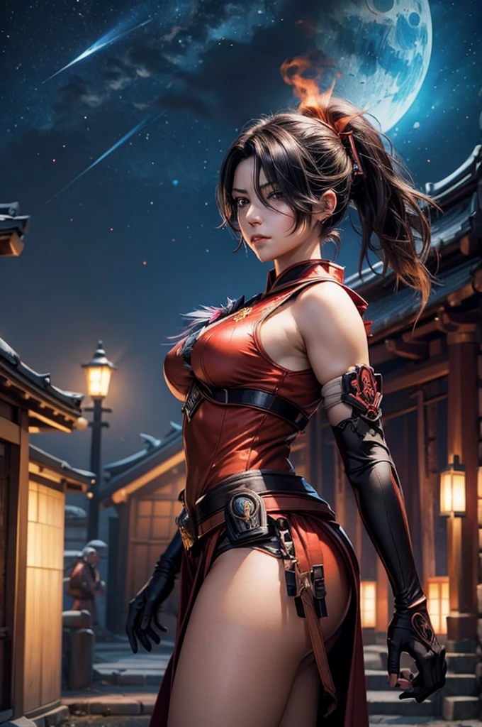 stunning girlfriend, heart shaped face, elegant face, beautiful face, highly detailed face, highly detailed skin, skin pores, subsurface scattering, realistic pupils, full lips, detailed background, depth of field, atmospheric perspective, volumetric lighting, sharp focus, absurdres, realistic proportions, good anatomy, (realistic, hyperrealistic:1.4), 16k hdr, cinderfall2023, best quality, masterpiece, 1girl, anime style, ponytail, red tactical suit, action pose, black left arm, utility belt, bulletproof vest, hair over eye, arcane ninja, flame, night, stars, moonlight, standing, in courtyard, ancient Japan, ancient architecture, east_asian_architecture, (crowd wearing traditional japanese clothing)