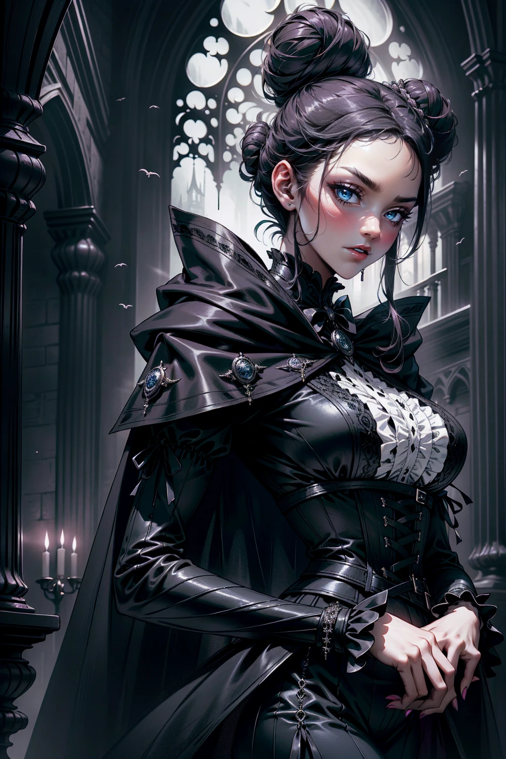 (masterpiece, top quality, best quality, official art, beautiful and aesthetic: 1.2), (1 woman: 1.3), 40 years old, long curly dark brown hair, ((fancy bun)), Victorian style, Victorian classic, extremely detailed, portrait, looking at the viewer, solo, (full body: 0.6), detailed background, close-up, mischievous eyes, (cold midnight castle theme: 1.1), vampire, long fangs, blood on chin, huge lips, charlatan, mischievous smile, mysterious, being seductive on the balcony, revealing gothic dress, extremely tight bodice, black costume, magenta skirts, off-the-shoulder, long sleeves, loose sleeves, black leather , cape, corset, black dress, fishnets, black high boots, buckles, straps, bags, glowing blood magic energy, dark magenta fabric, silver trim, black leather, extremely slim, slim waist, slim hips, medieval background (gothic castle exterior: 1.1), nocturnal, dark and mysterious lighting, shadows, magical atmosphere, Dancing lightly, with chin resting on shoulder, abigail larson art style
