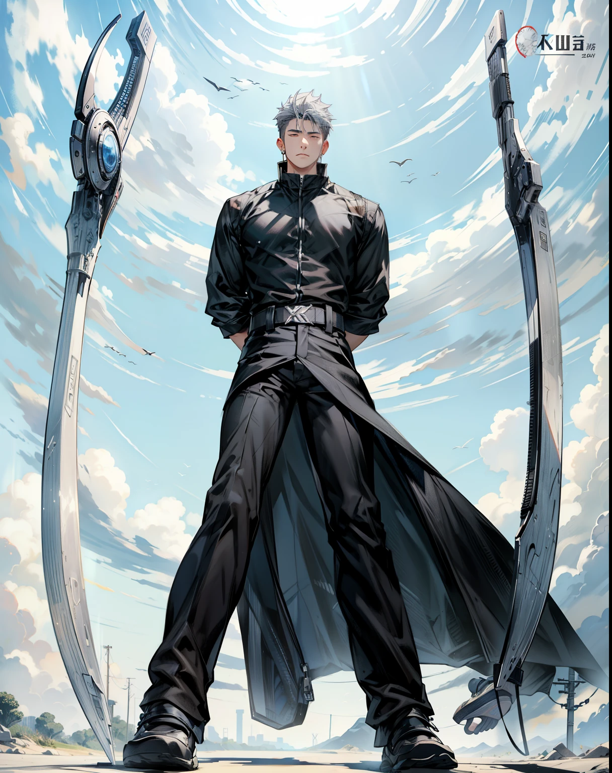 boys 26 Years old, Serious face, wearing black sleeveless shirt, black pants, gray hair, levitate on sky, blue sky, cloud