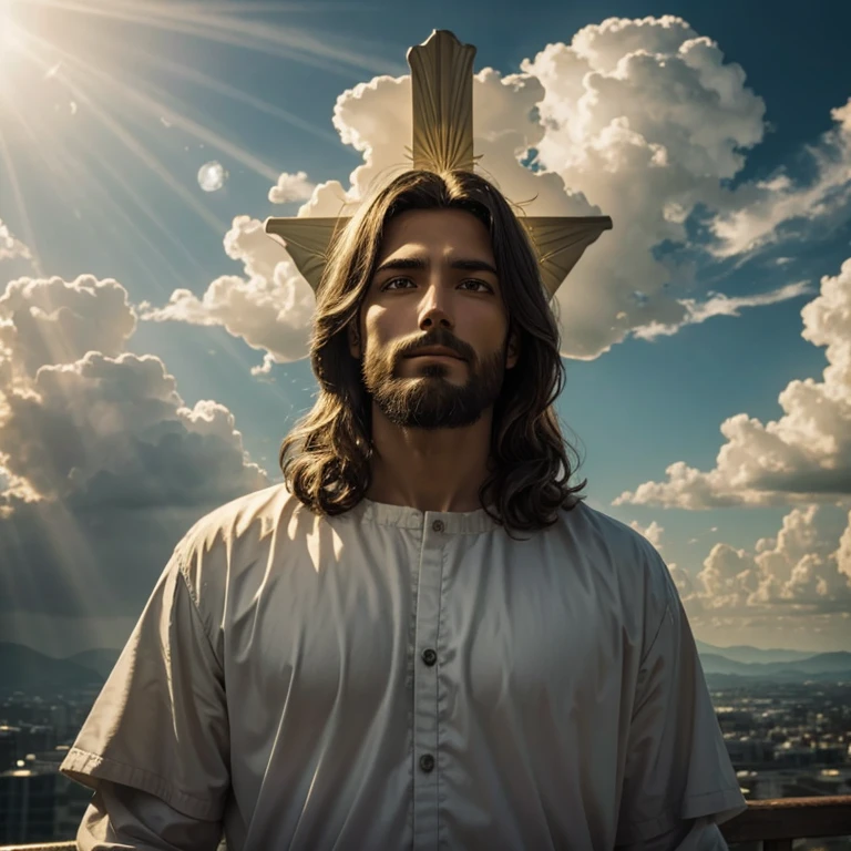 Jesus in the sky between clouds, rays of sun behind him, day light,