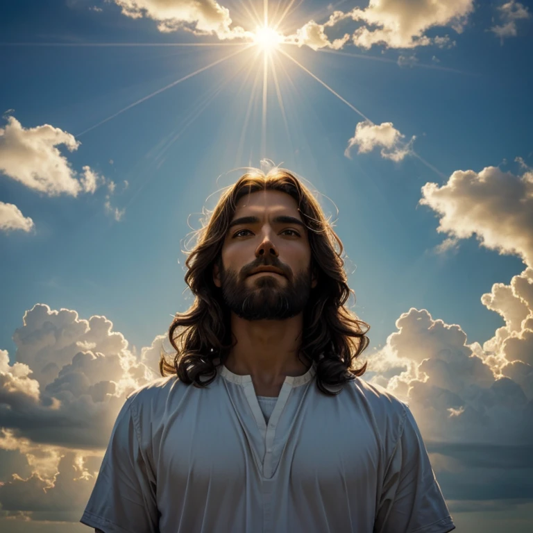 Jesus in the sky between clouds, rays of sun behind him, day light,