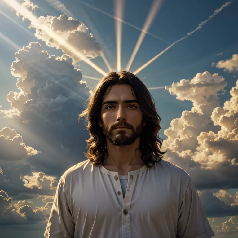 Jesus in the sky between clouds, rays of sun behind him, day light, 