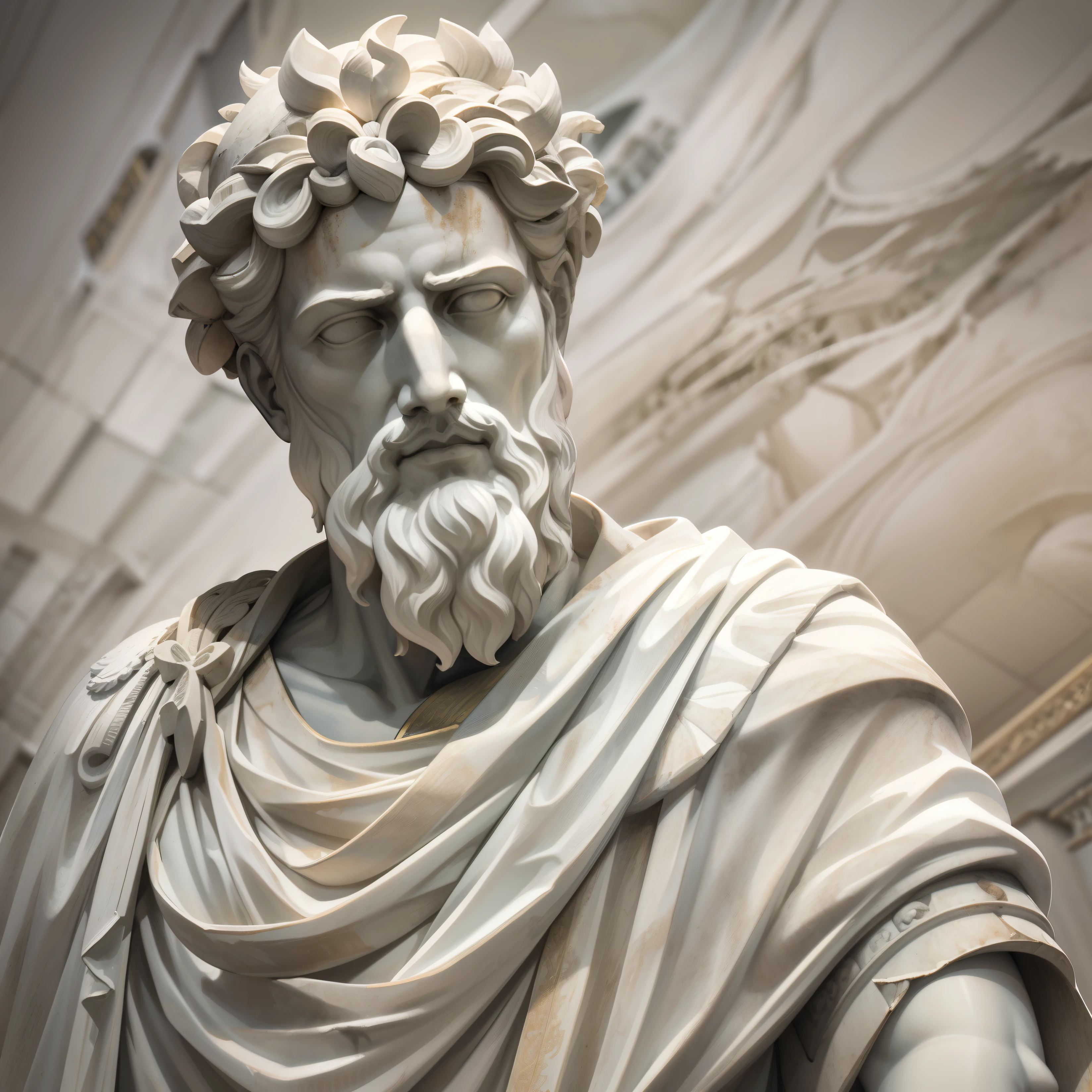 A carefully detailed realistic Greek white marble statue of Marcus Aurelius wearing a ghostly toga, fundo neutro, Moody, , fotorrealista, Jantar de cinema atencioso, super detalhada, Hiper realista, luzes brilhantes, 8 mil