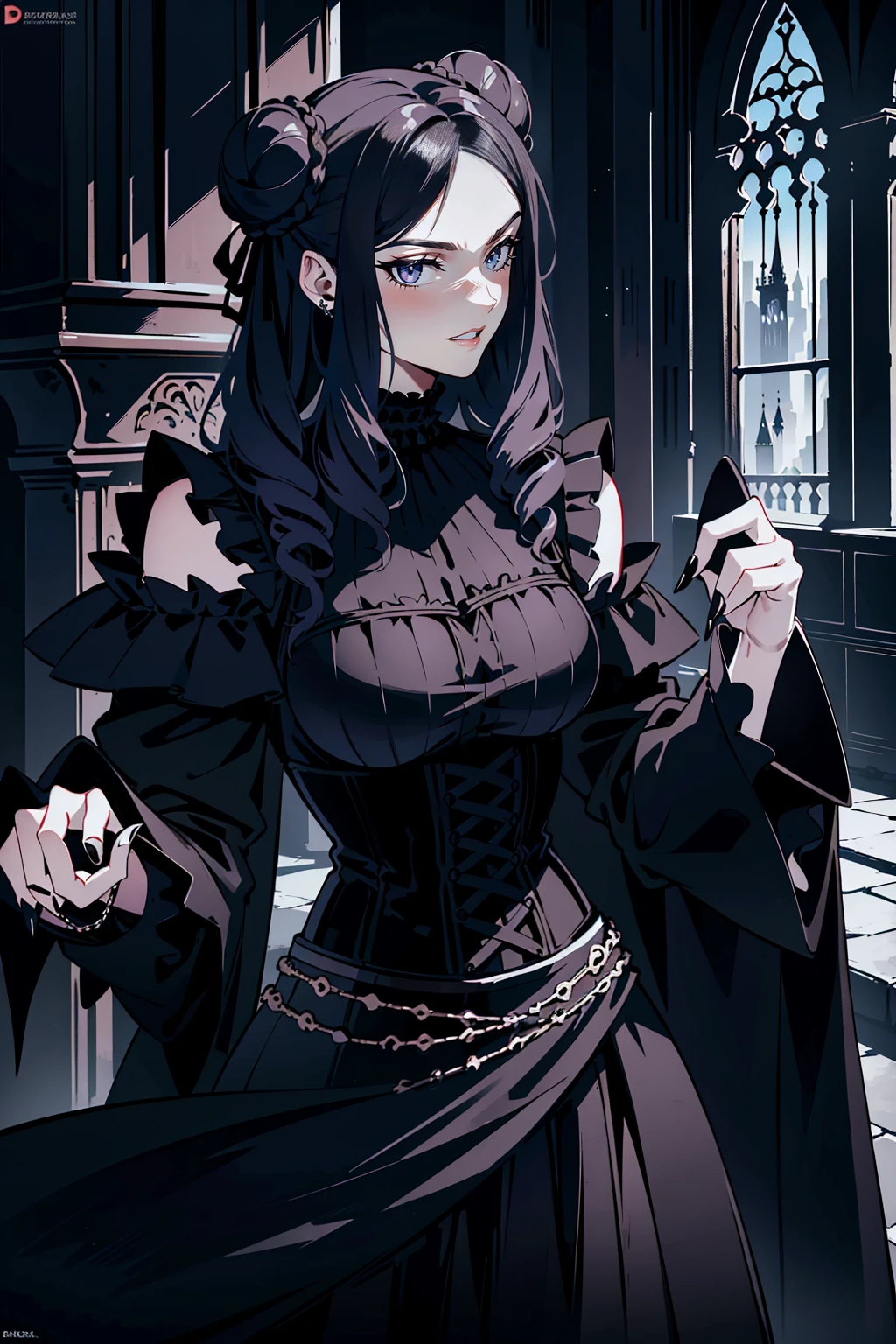 (masterpiece, top quality, best quality, official art, beautiful and aesthetic: 1.2), (1 woman: 1.3), 40 years old, long curly dark brown hair, ((fancy bun)), Victorian style, Victorian classic, extremely detailed, portrait, looking at the viewer, solo, (full body: 0.6), detailed background, close-up, mischievous eyes, (cold midnight castle theme: 1.1), vampire, long fangs, blood on chin, huge lips, charlatan, mischievous smile, mysterious, being seductive on the balcony, revealing gothic dress, extremely tight bodice, black costume, magenta skirts, off-the-shoulder, long sleeves, loose sleeves, black leather , cape, corset, black dress, fishnets, black high boots, buckles, straps, bags, glowing blood magic energy, dark magenta fabric, silver trim, black leather, extremely slim, slim waist, slim hips, medieval background (gothic castle exterior: 1.1), nocturnal, dark and mysterious lighting, shadows, magical atmosphere, Dancing lightly, with chin resting on shoulder, abigail larson art style