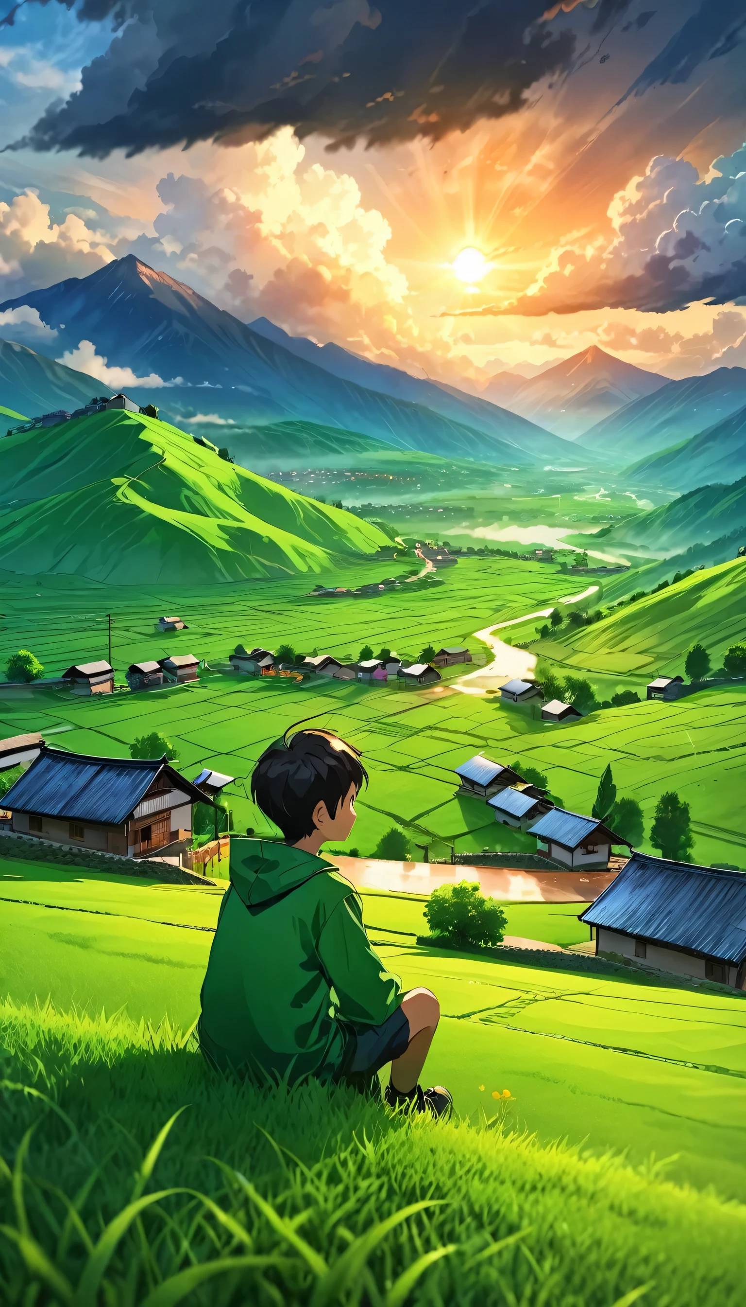 green grass, small village, mountains, a boy sitting watching clouds, all cloudy, beautiful sunset, rainy showers, highest quality, 8k, masterpiece