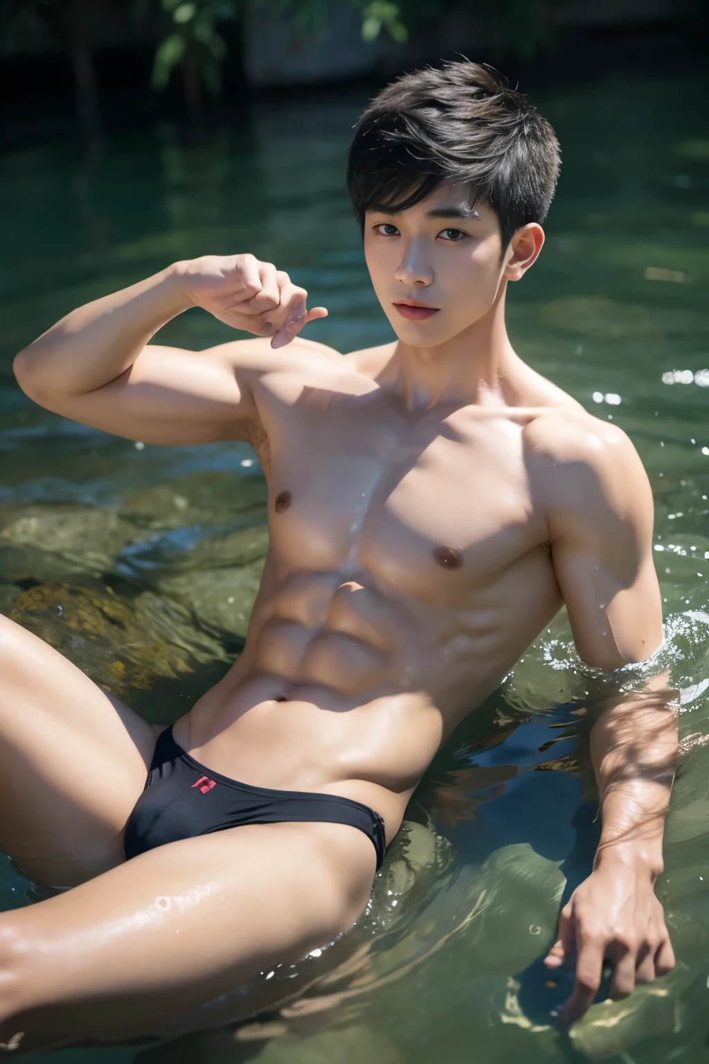 1boy,asian young man, muscular,twink,normal body, in the water ,
