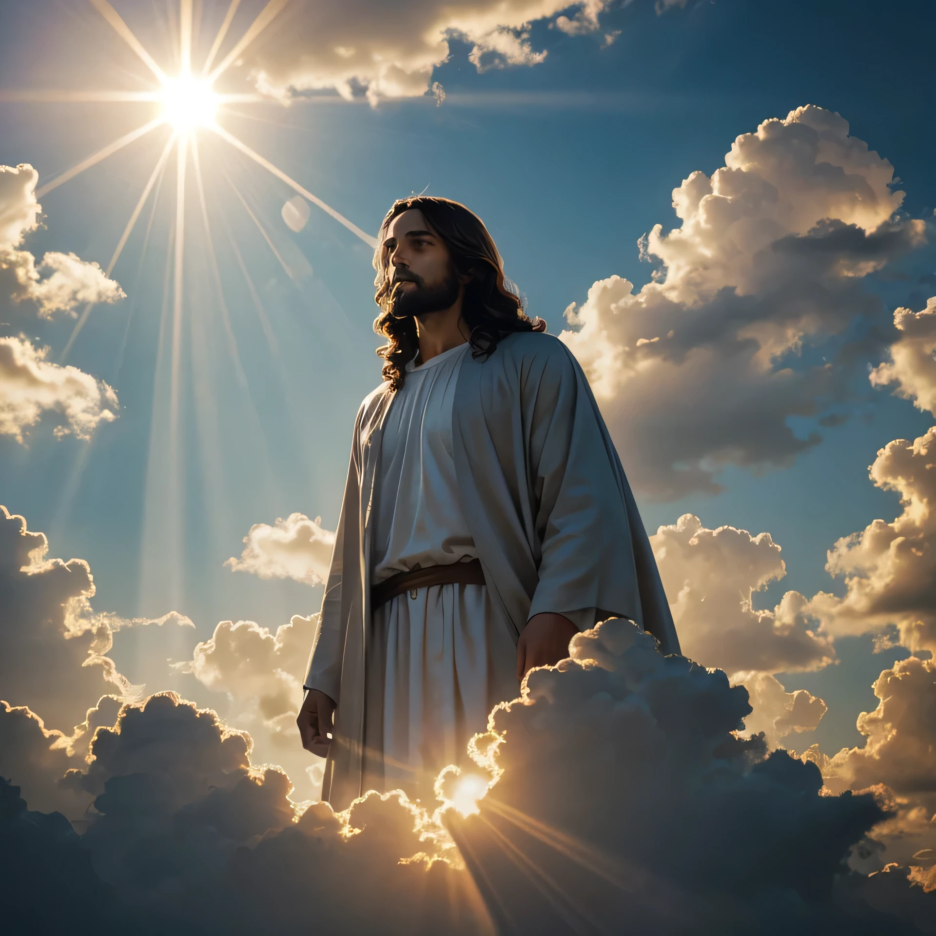 Jesus in the sky between clouds, rays of sun behind him, day light,