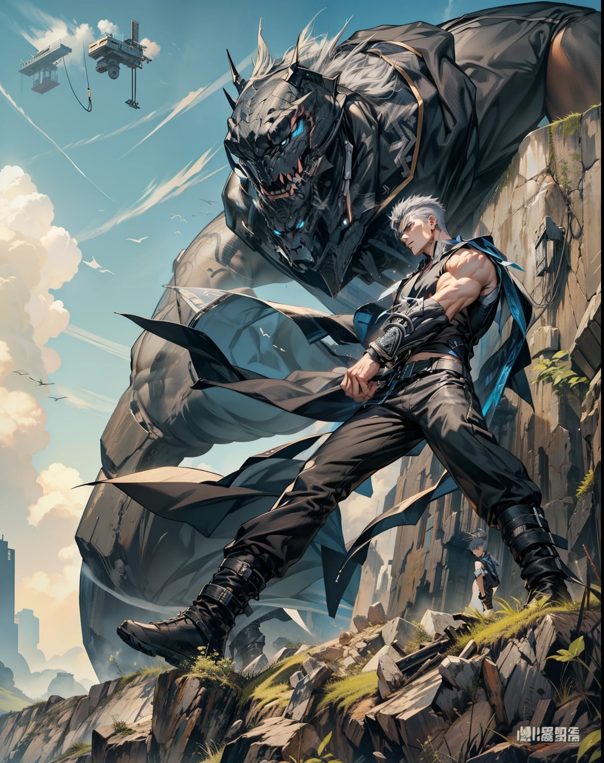 boys 26 Years old, Serious face, wearing black sleeveless shirt, black pants, gray hair, levitate on sky, blue sky, cloud
