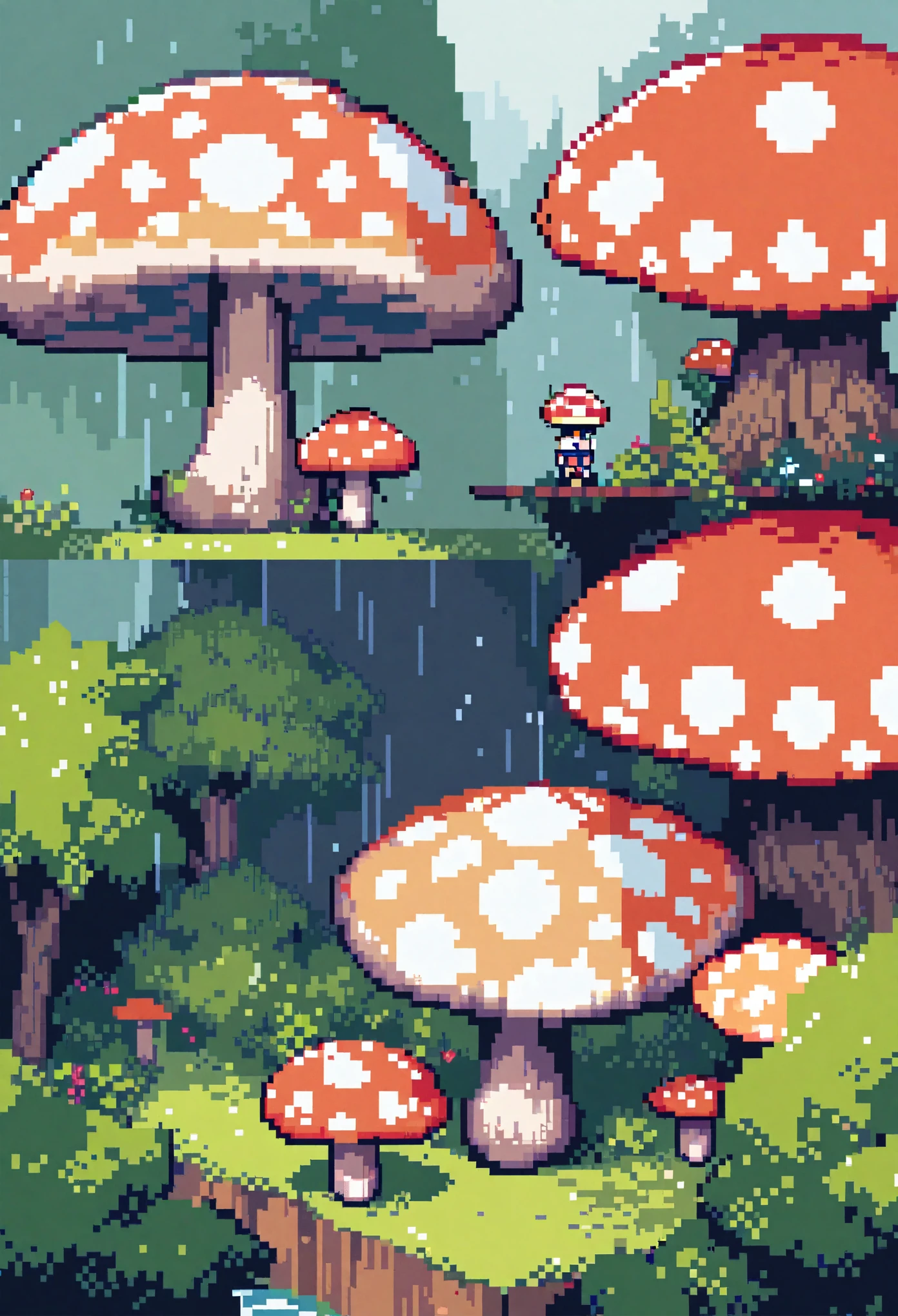 top quality, best quality, High-quality illustrations, masterpiece, Treetops sheltering in the rain under a large mushroom, pixel art, dots, Quarter View, Isometric View,