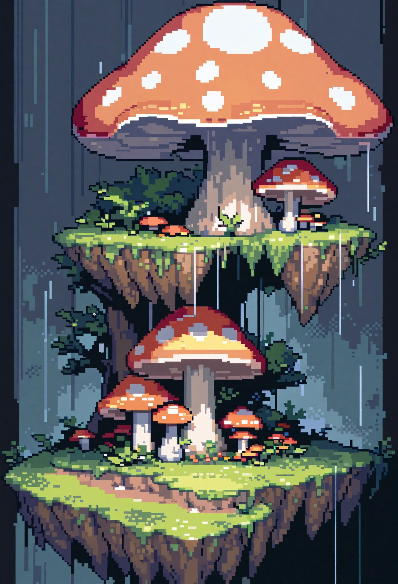 top quality, best quality, High-quality illustrations, masterpiece, Treetops sheltering in the rain under a large mushroom, pixel art, dots, Quarter View, Isometric View,
