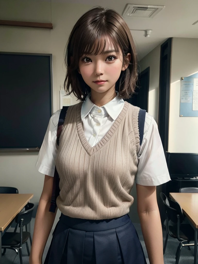 Masterpiece, Top Quality, Top Mikoto, brown eyes, short hair, small breasts, looking at viewer, alone, closed mouth, collared shirt, beige knit vest, dark blue  Skirt, school_uniform, shirt, white_shirt, classroom,Masterpiece, highest quality, 8K, detailed skin texture, fine cloth texture, beautiful detailed face, intricate details, super detailed,cute,cute posing,composition that shows the whole body,