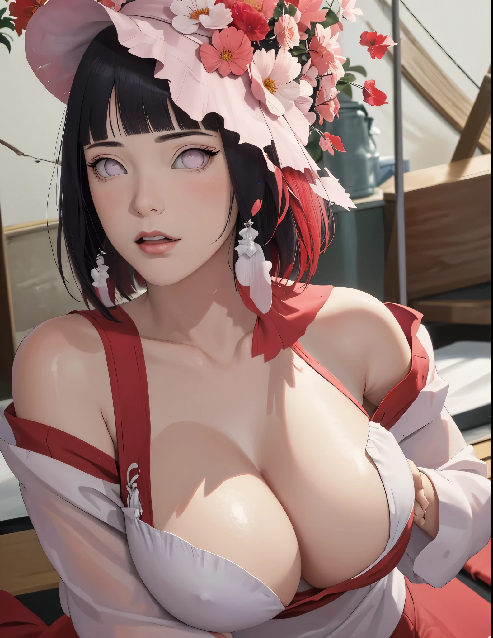 hat (((red and white clothes)))masterpiece, absurdres, hinata\(boruto\), 1girl, solo,mature female, off-shoulder crop top, looking at viewer, (falling petals), perfect composition, detailed lips, big breast, beautiful face, body propotion, blush, (pink lips), long hair,  purple eyes,  soft gaze,  super realistic, detailed, photoshoot, realistic face and body,  expression, seductive expression,(very huge bare tits)( red microdress )