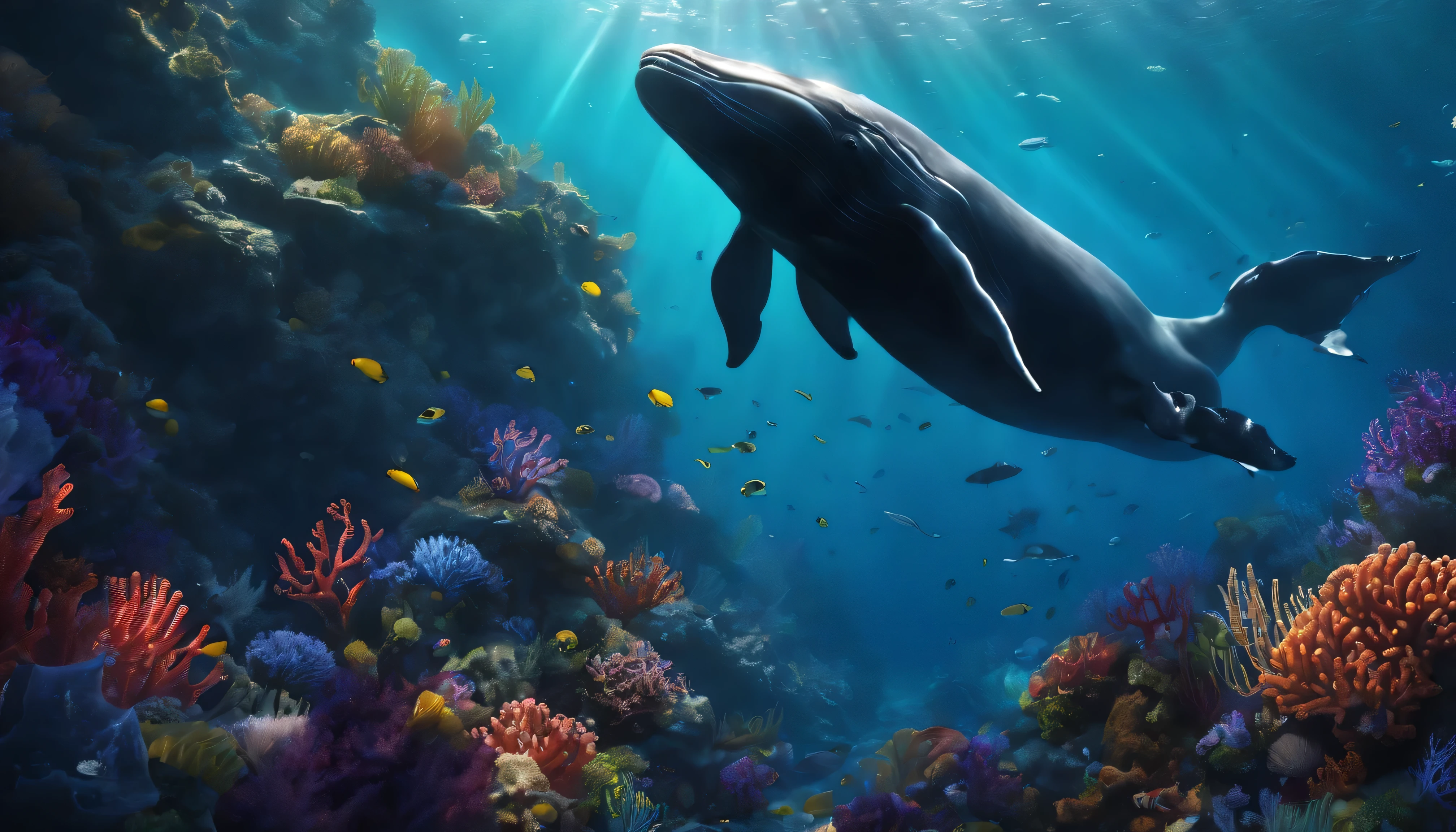 (masterpiece, best quality, ultra-detailed, best shadow), (beautiful detailed face:1.3),(solo), (family_friendly:0.8),high contrast, ultra-high resolution,(1girl under deep sea:1.6),(diving AND petting a whale:1.3),full body, diving suit,refract light from above,glowing_light,vivid seaweed,colorful corals, looking_afar, tropical fish,(turbulence disturbed hair:1.2),([blue|silver] hair:1.1) 