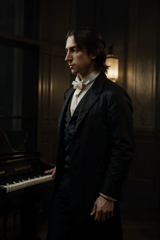 A mesmerizing, realistic portrait of the legendary Frederic Chopin , retratado com detalhes requintados contra um pano de fundo neutro. The image captures a moody atmosphere with photorealistic precision, Featuring Frederic Chopin in his ghostly toga. Every aspect of the image is super detailed, from the eerily vibrant lights that illuminate the scene to the impeccably rendered 8K resolution. The full-body representation exudes the power and intensity that made Frederic Chopin a virtuoso, with his thoughtful expression conveying the depth of his musical genius. It's a cinematic masterpiece, perfeito para um jantar de cinema, transporting the viewer into the world of this iconic musician.
