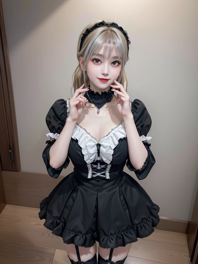 (8K, Photorealistic, Raw photo, of the highest quality: 1.3), (1girl in), Super beautiful, (Realistic face), (boyish, Silver Color Berry Shorthair), Beautiful , Glare that captivates the viewer, Beautiful expression, Beautiful breasts, (Realistic skin), Be...Super high quality, super high definition, super detailed, masterpiece, 20years old, female, cute, perfect face, beautiful, gothic ta clothes, gothic loliashion, frilly skirt, headdress, necklace, bracelet, knee-high socks, boots, double eyelids, tear bags, Detailed down to the fingers, photo-like description, indoors, dim indoor lighting, blonde hair, pony tail, standing, whole body, composition that shows the whole body, smiling,Optimal ratio of 4 fingers and 1 thumb