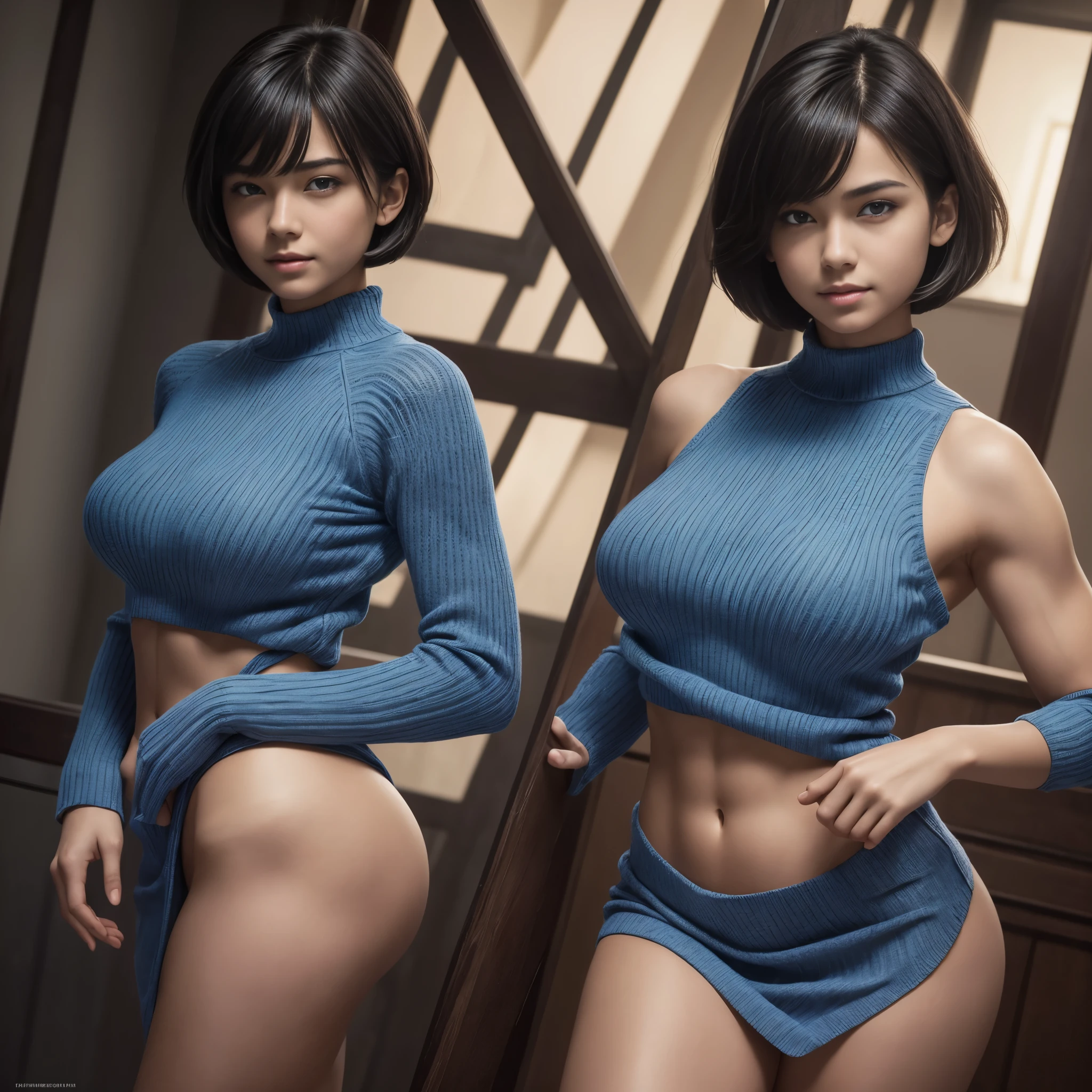(masterpiece), face of a ager, symmetrical, photorealistic, surreal, beautiful, upper body, bob_cut hair, wearing a simple transparent sweater,denim skirt:1.3, perfect anatomy, (no underwear), large breasts, supernumerary_nipples, seductive and erotic, looking at the viewer, blush, humble, curvy, elegantly formed, very innocent smile, slightly muscular, elegant, close to perfection, dynamic, highly detailed, character sheet, 8k photography, professional photoshoot, conceptual art, highly detailed, smooth, positioned so that the body is symmetrical and balanced directly to the viewer, cinematic lighting, photorealistic, lap of nature