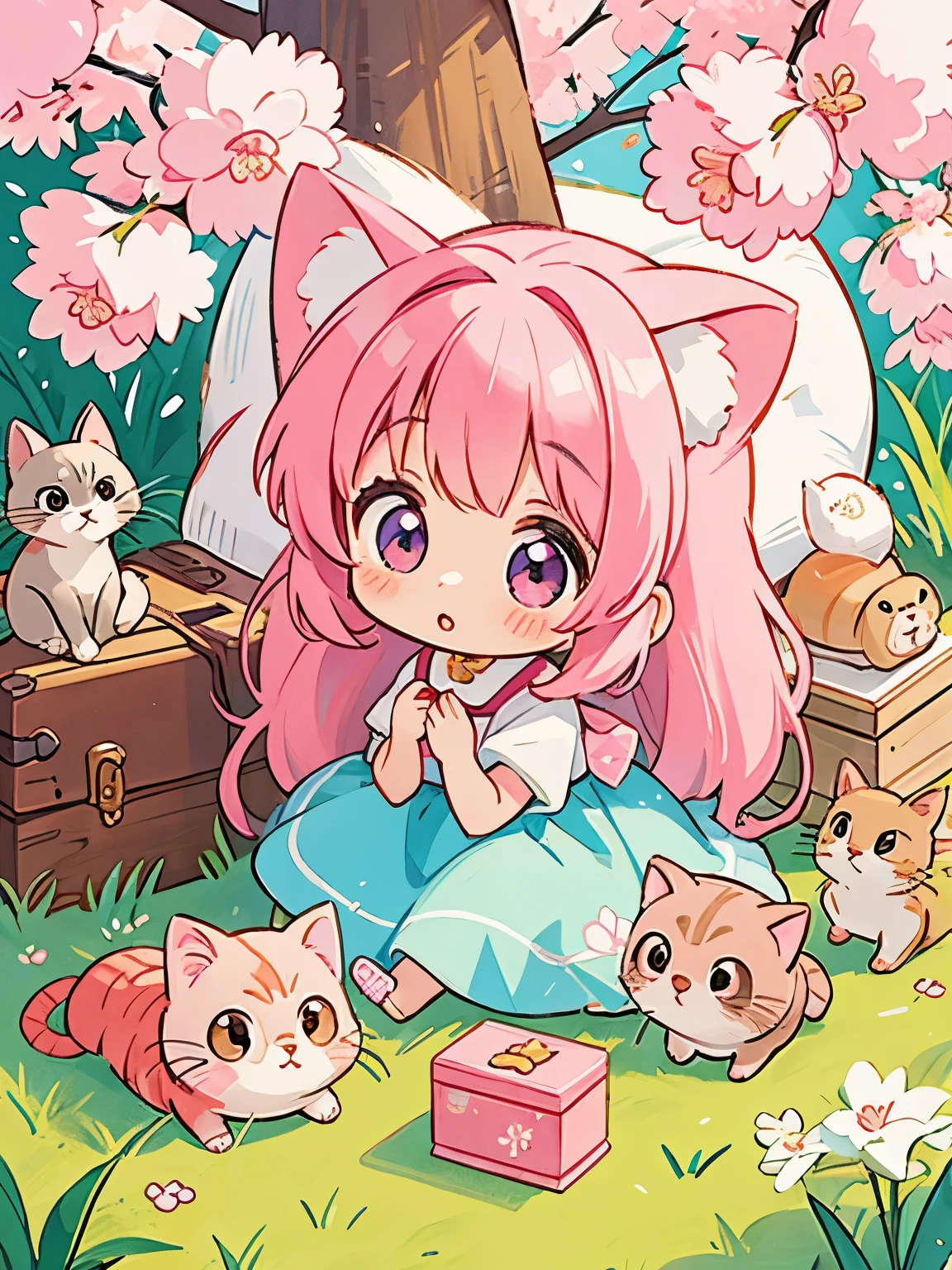 Estilo Momoko Sakura, Kawaii Design, The most beautiful girl of all time.(orejas de gato)、Chibi, Lindo y colorido padre cochinilla y 、picnic, gatitos, cabello largo rosa con orejas kawaiis de gato, ojos morados,