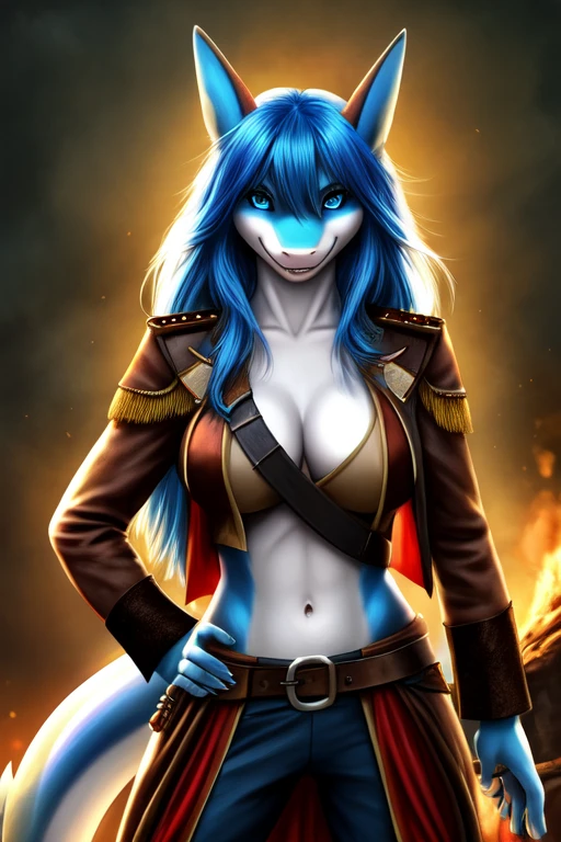 Female, anthro shark, full breast, standing, perfect, realistic looking, fur body, fur all over, bioluminescent markings, very long hair, Pirate, pirate clothed, long blue hair, blue eyes