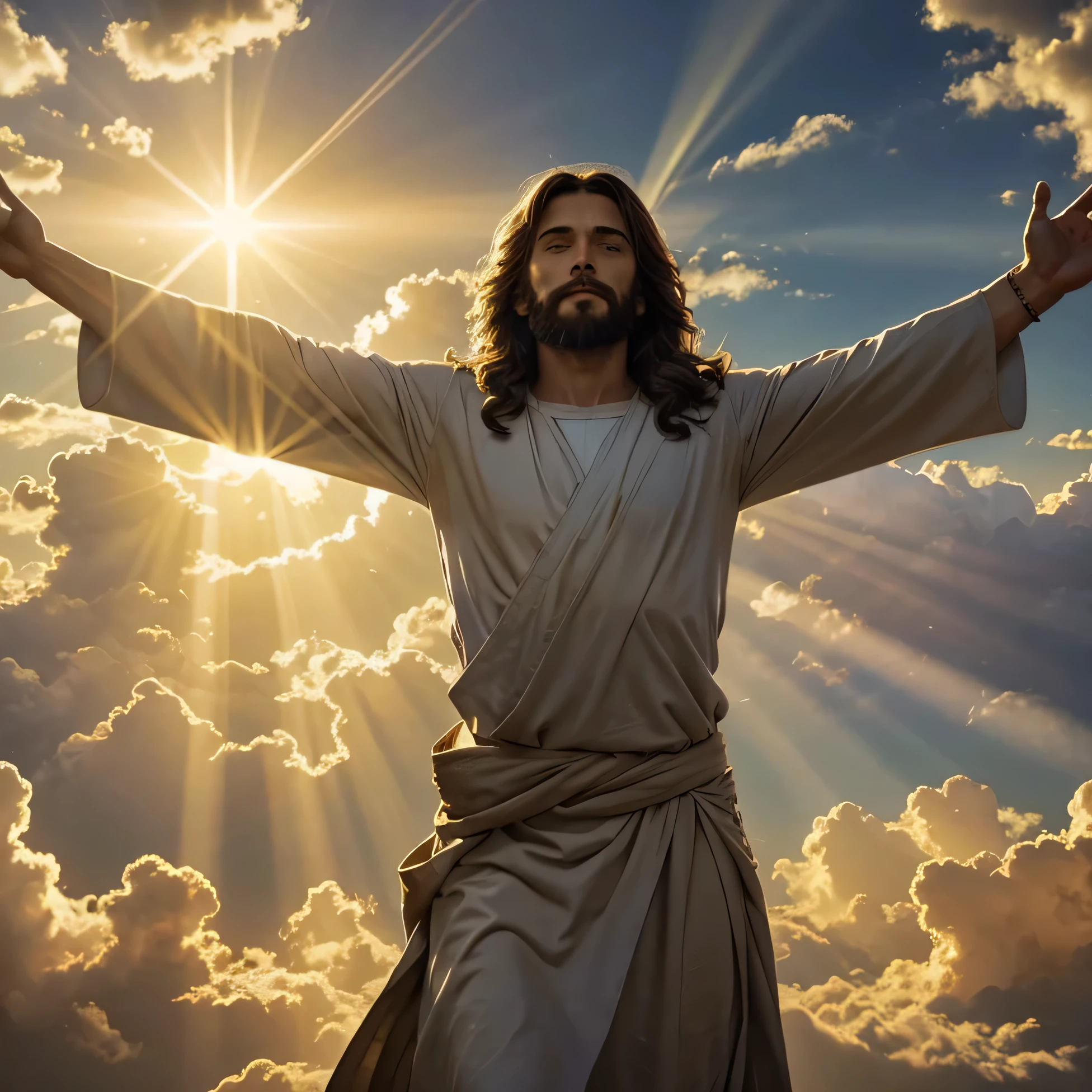 Jesus in the sky between clouds, rays of sun behind him, day light, open arms,